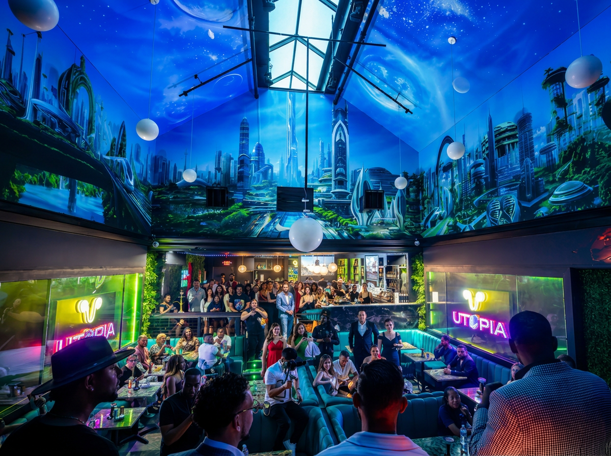 A crowded nightclub featuring a visually striking interior with a vibrant futuristic cityscape mural on the ceiling and walls. The club has modern lighting and a lively atmosphere with many people socializing and enjoying the event.