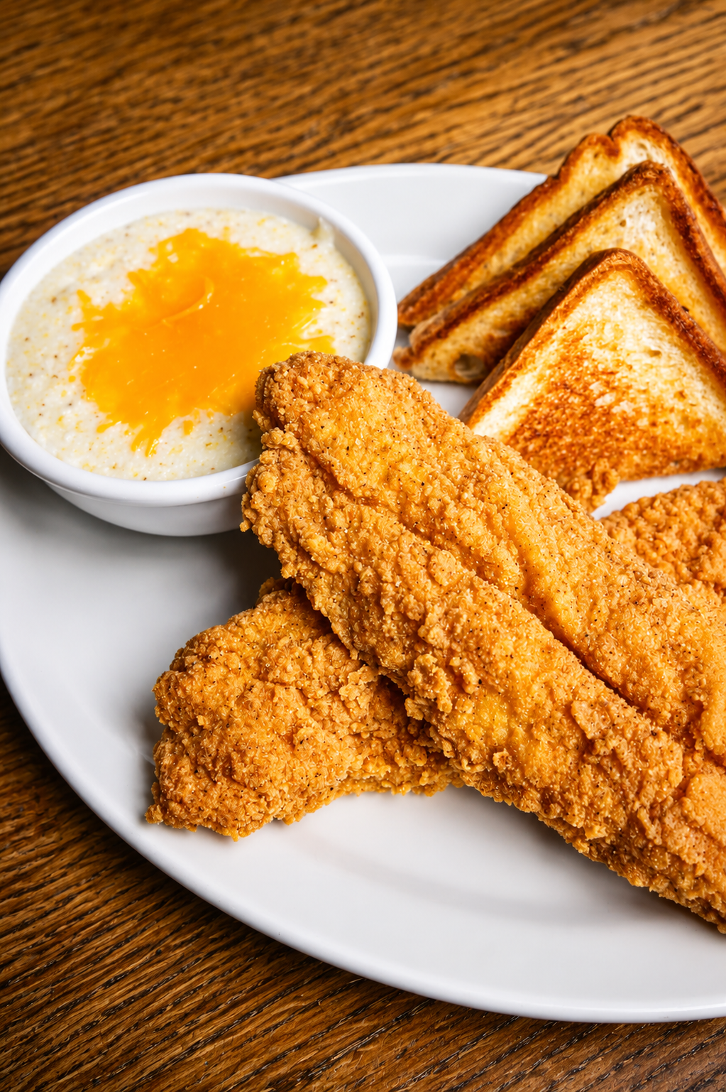 Plate of fried chicken tenders, toasted bread slices, and a small bowl of creamy yellow dipping sauce on a wooden table.