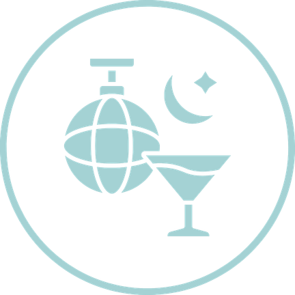 A circular logo with a globe, a martini glass, a crescent moon, and a star design.