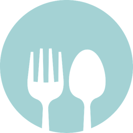 Icon of a fork and spoon inside a blue circle.
