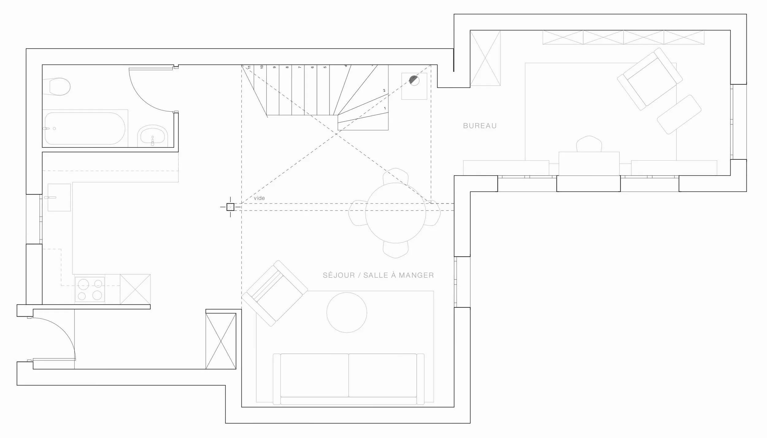 Plan d’aménagement du projet Bottens avec réorganisation du séjour, du bureau et de la cuisine