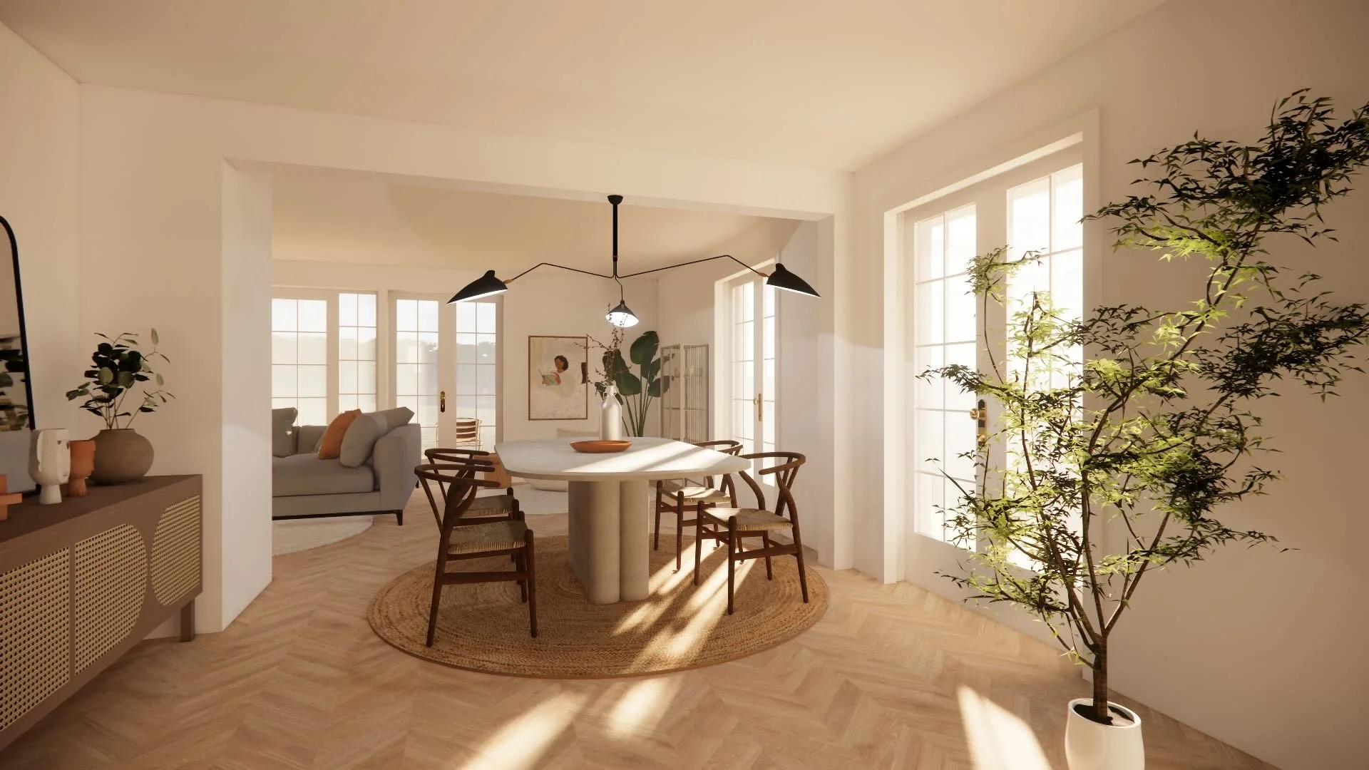 Visualisation 3D de la salle à manger de la Villa Echandens avec table ronde, mobilier en bois et lumière naturelle