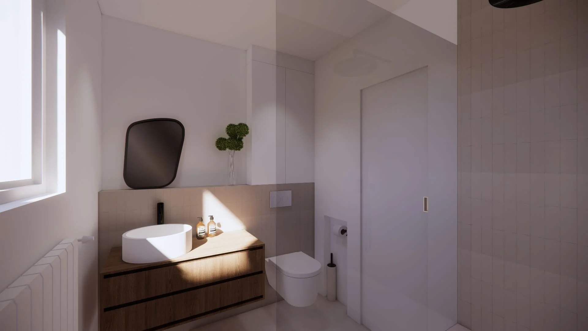 Visualisation 3D de la salle de bain de la Villa Auvernier aux tons doux et naturels