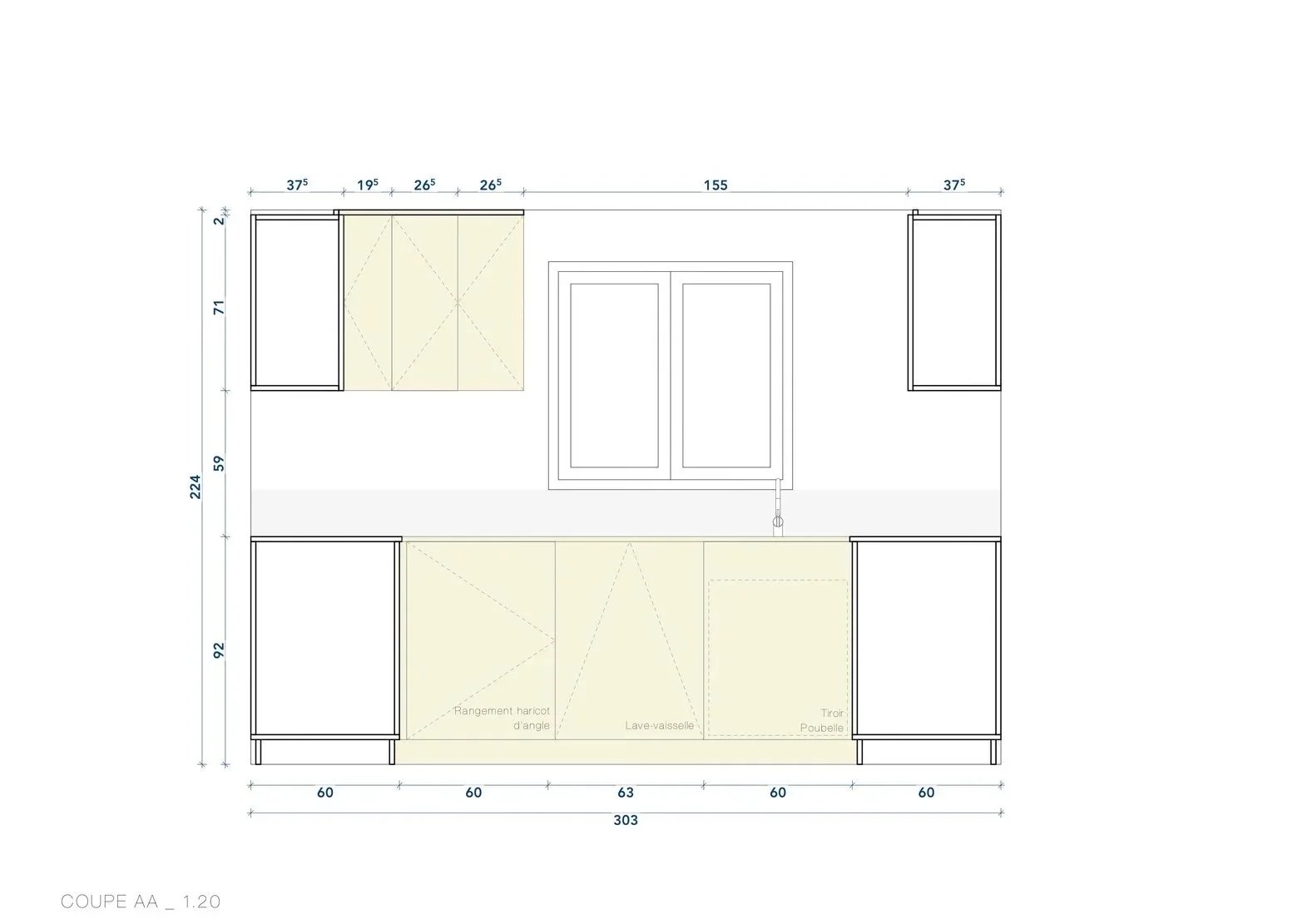 Élévation de la cuisine du projet Bottens montrant les rangements, les équipements et les proportions du mobilier