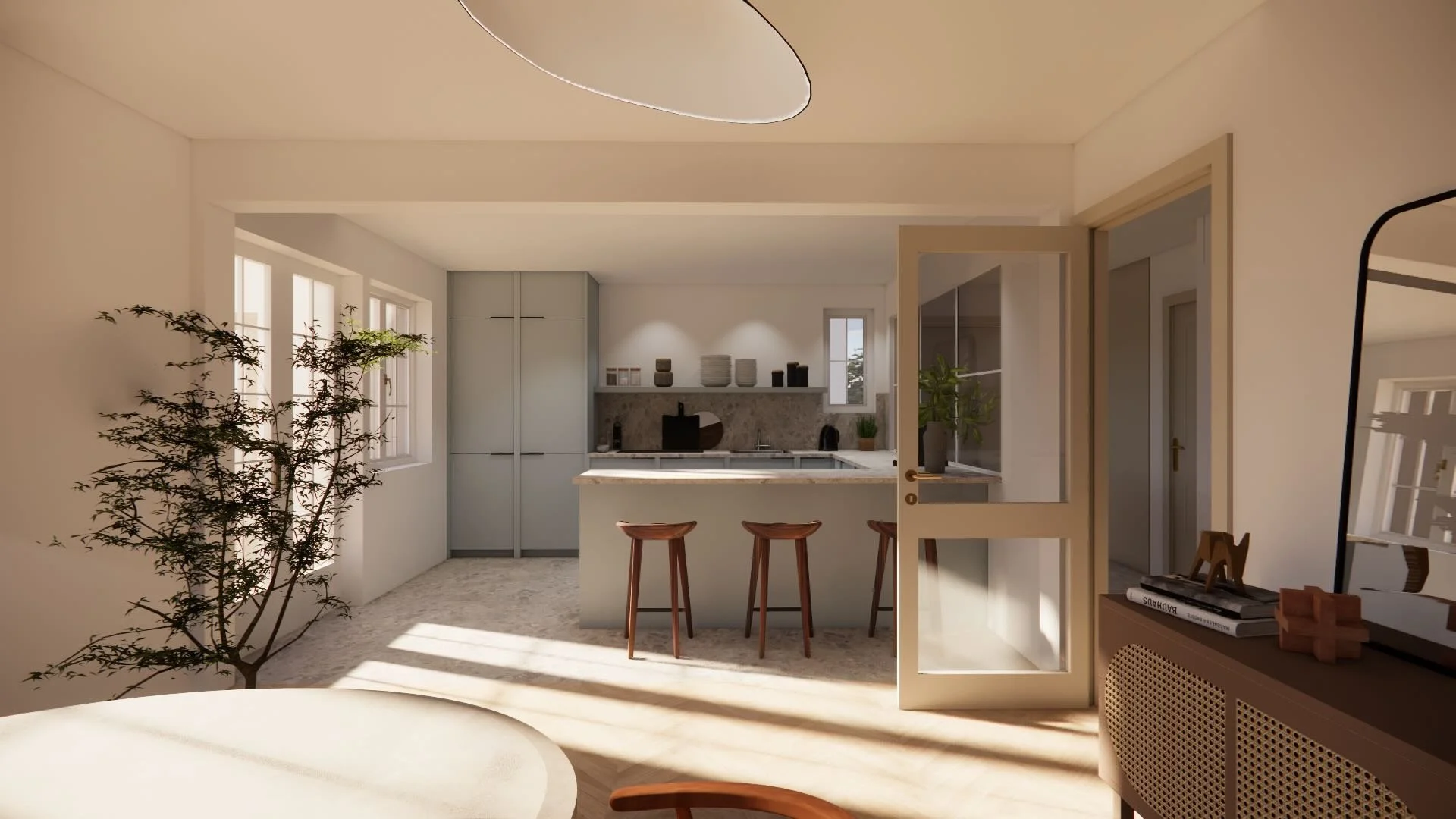 Visualisation 3D de la cuisine et du séjour de la Villa Echandens