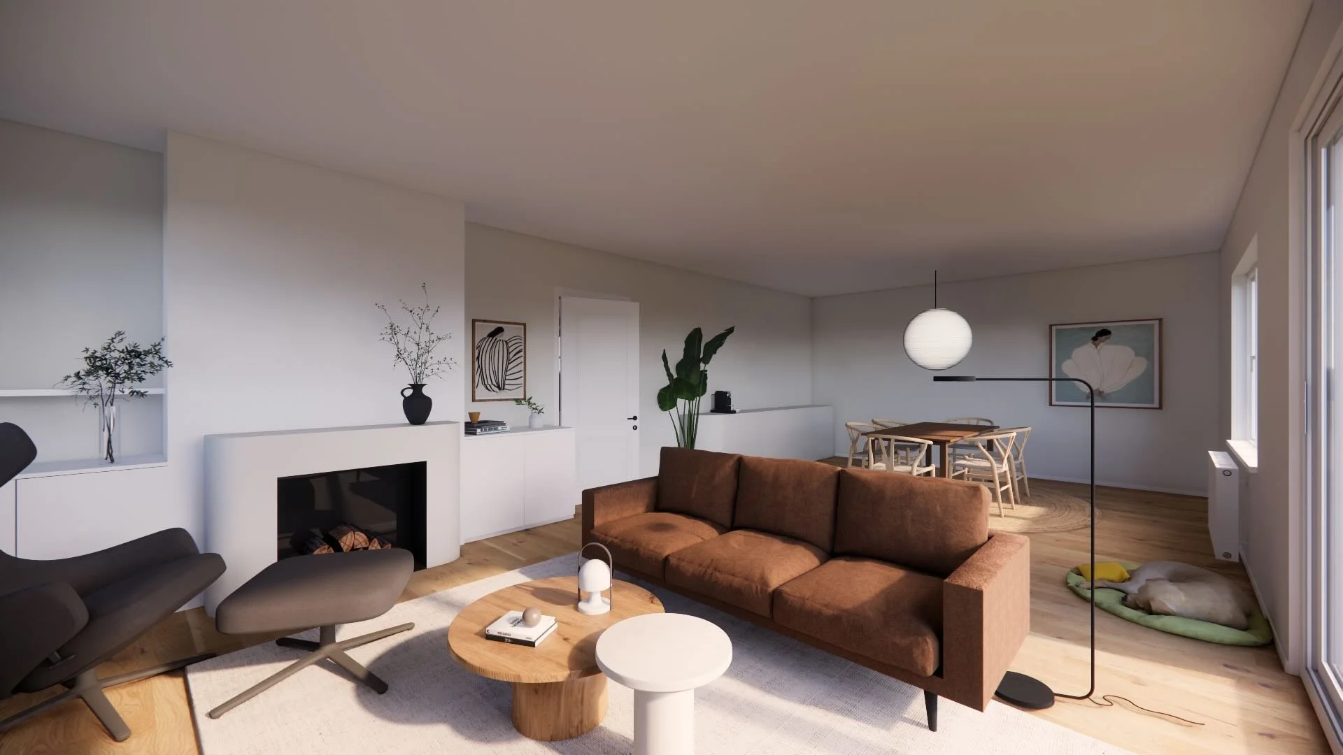 Visualisation 3D du séjour de la Villa Auvernier avec cheminée, canapé brun et mobilier aux lignes organiques