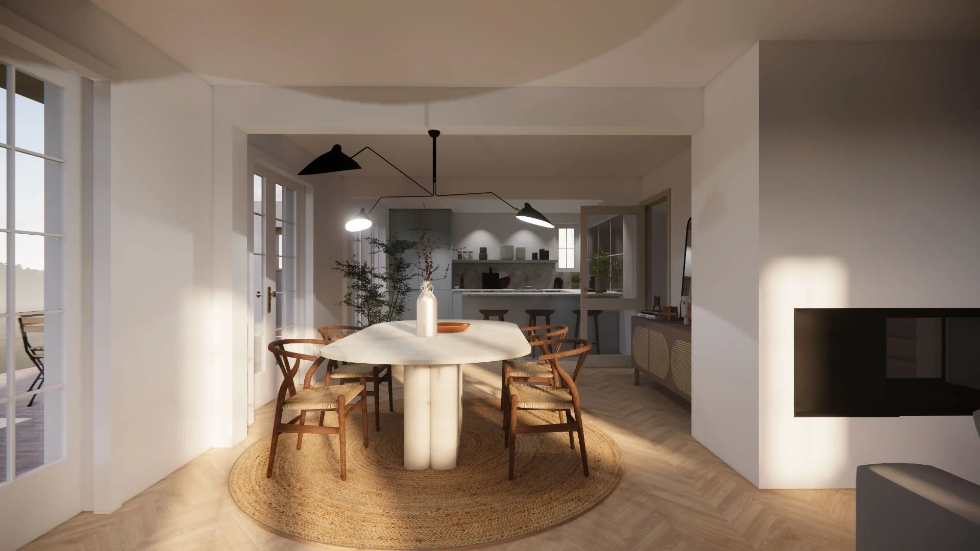 Vue d’un projet d’architecture d’intérieur résidentielle avec salle à manger, cuisine ouverte et lumière naturelle.