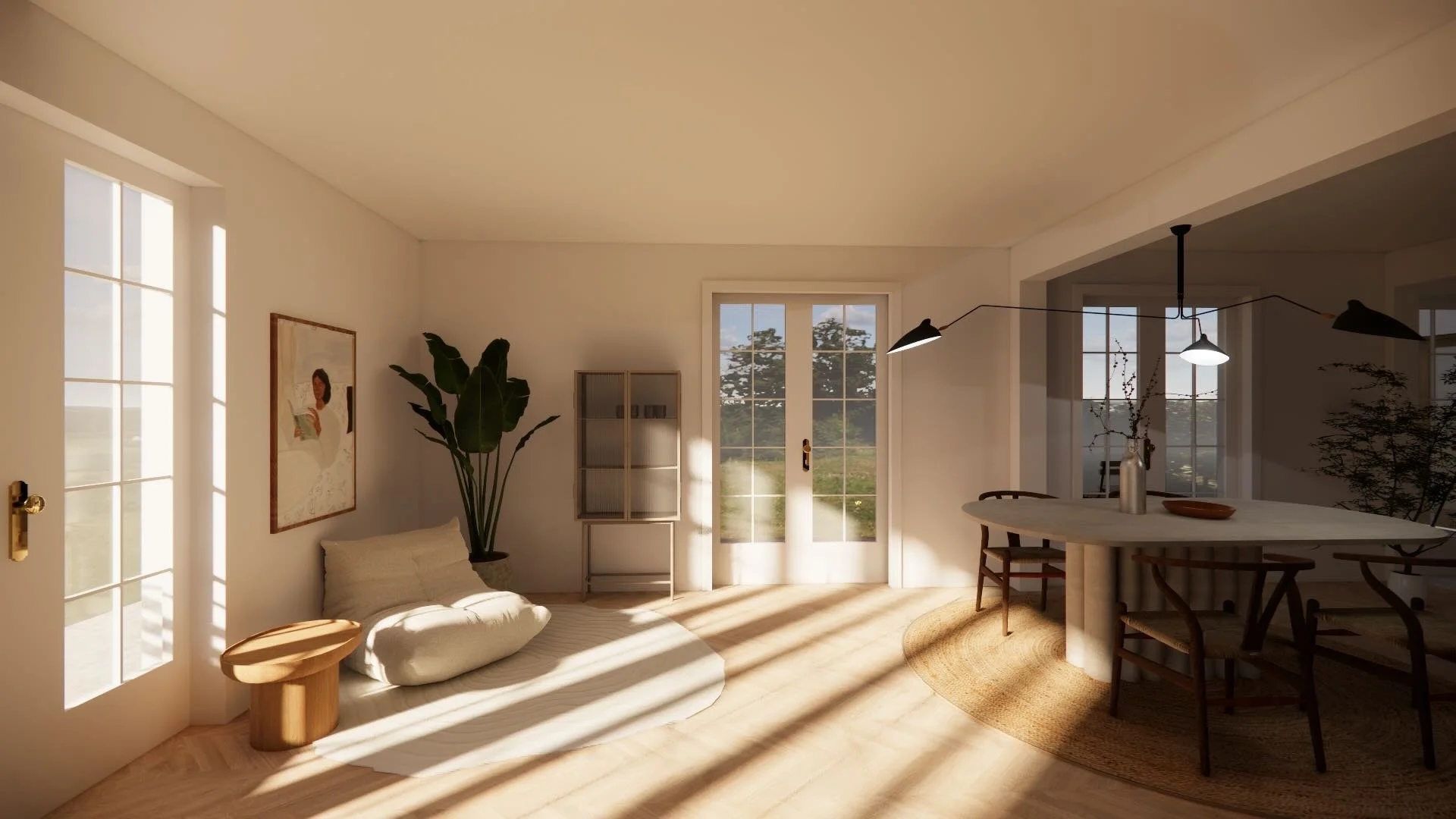 Visualisation 3D du séjour et de la salle à manger de la Villa Echandens dans une ambiance douce et lumineuse
