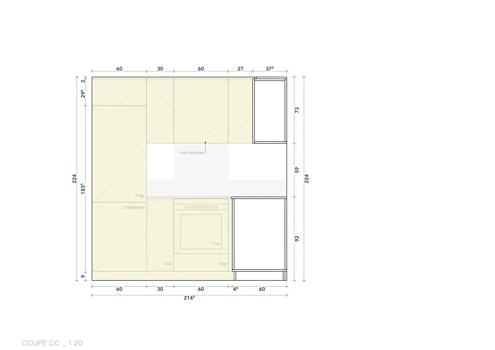 Coupe de la cuisine du projet Bottens détaillant les rangements et l’organisation du mobilier