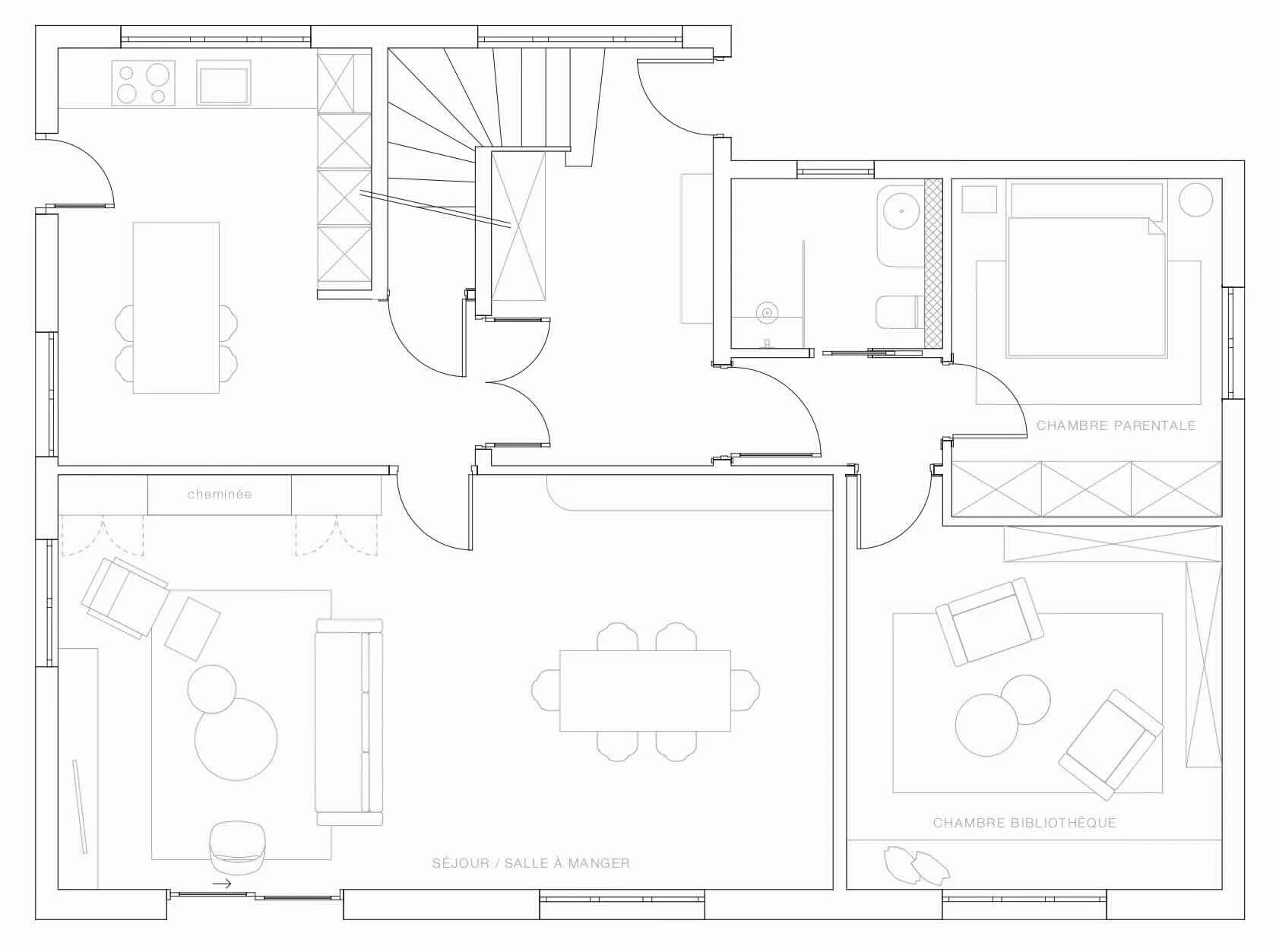 Plan d’aménagement du rez-de-chaussée de la Villa Auvernier avec cuisine, séjour et salle à manger
