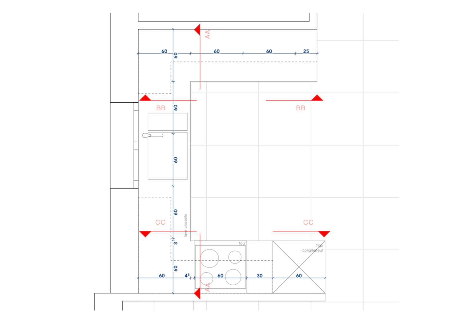 Plan technique de la cuisine de l’appartement Bottens avec implantation des meubles et équipements