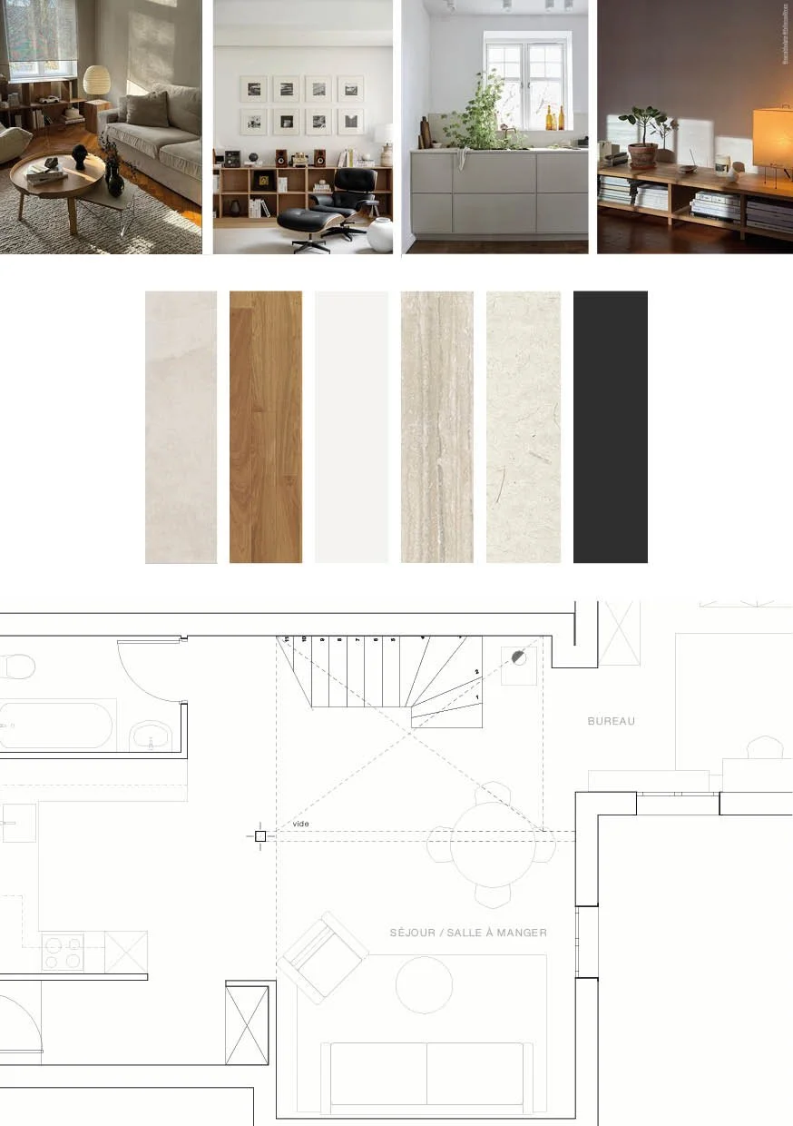 Planche de conception de l’Appartement Bottens avec moodboard, matériaux et plan d’aménagement intérieur.