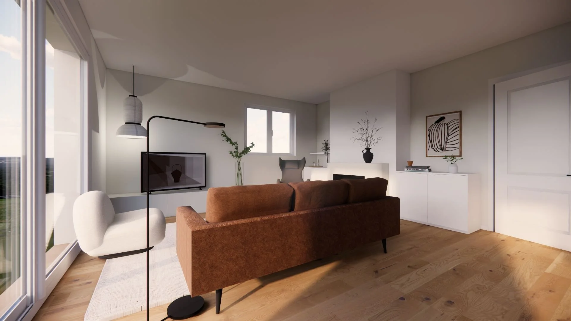 Visualisation 3D du séjour de la Villa Auvernier, avec canapé brun, cheminée et mobilier contemporain
