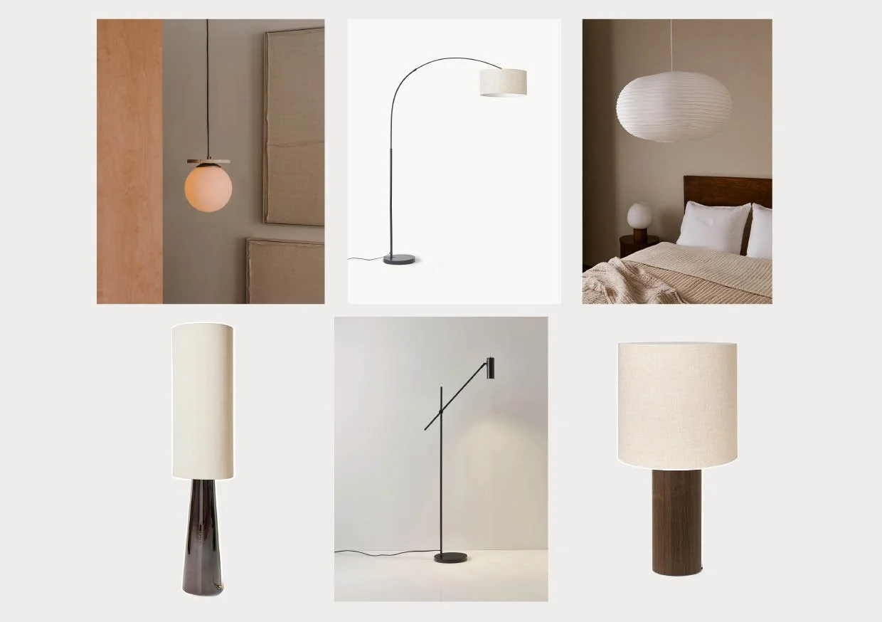 Sélection de luminaires pour l’appartement Bottens composée de suspensions, lampadaires et lampes d’ambiance