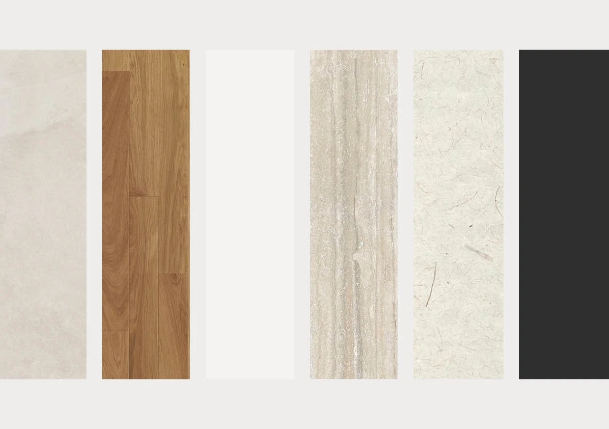 Palette de matériaux du projet Bottens mêlant bois, tons clairs, matières minérales et accents foncés