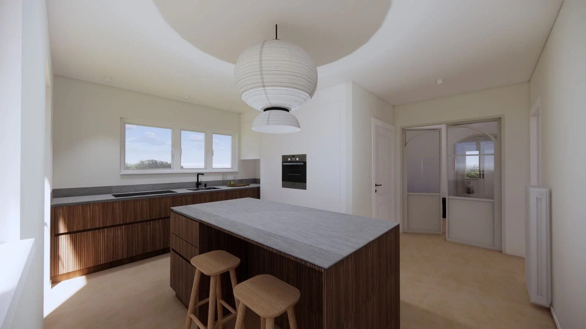 Visualisation 3D de la cuisine de la Villa Auvernier avec îlot central en bois et plan de travail clair