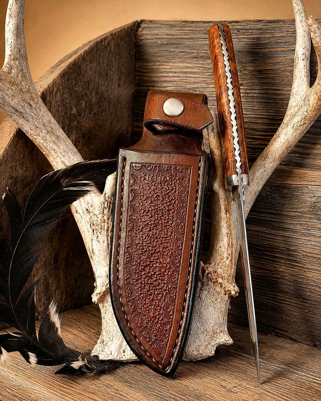 B.A. Dodson presentation-grade wood fixed blade shown from the spine with decorative full-tang file-work beside its hand-tooled leather sheath.
