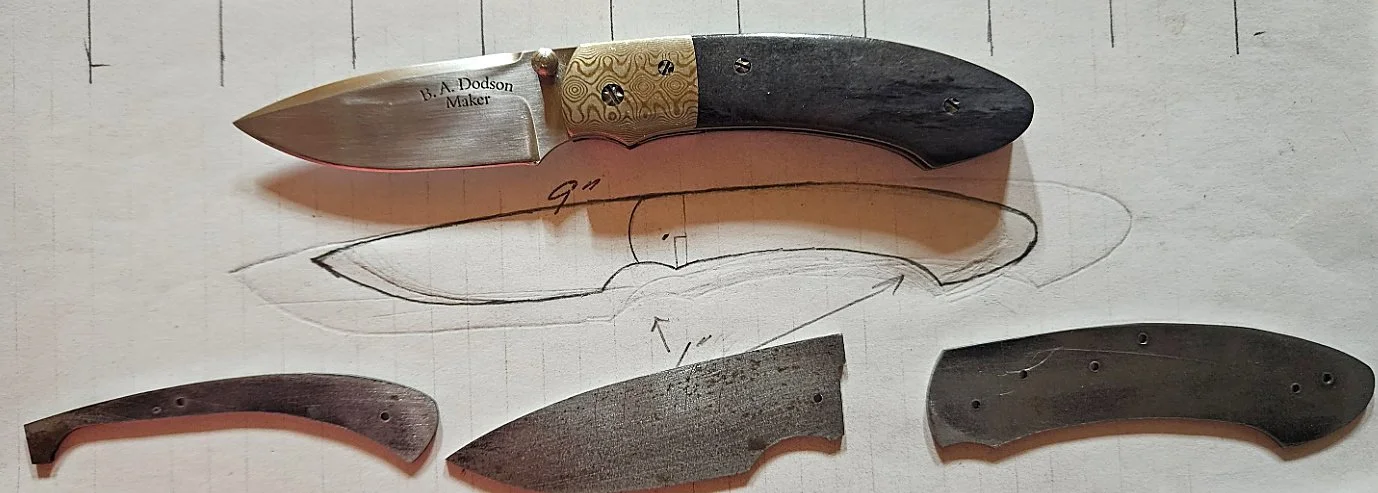 B.A. Dodson folding knife shown above its hand-drawn design with unfinished blade and handle components.