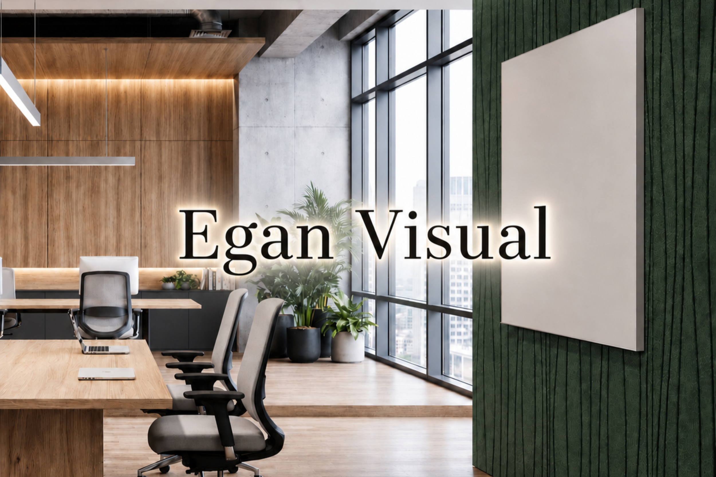 Modern office conference room with large wooden table, ergonomic chairs, potted plants, and large windows with city view.