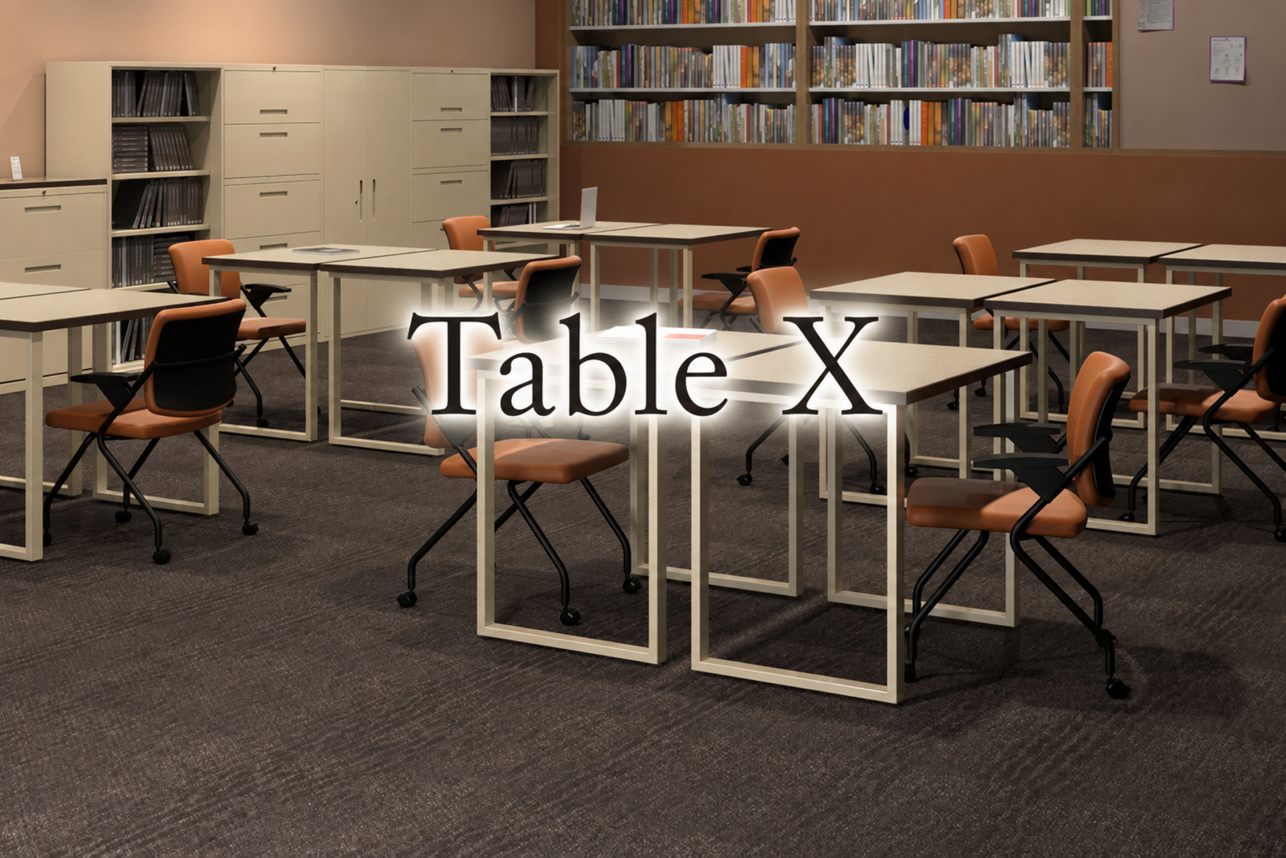 A library or study room with several tables and chairs, bookshelves on the walls, and the word 'Table X' overlaid in the center.