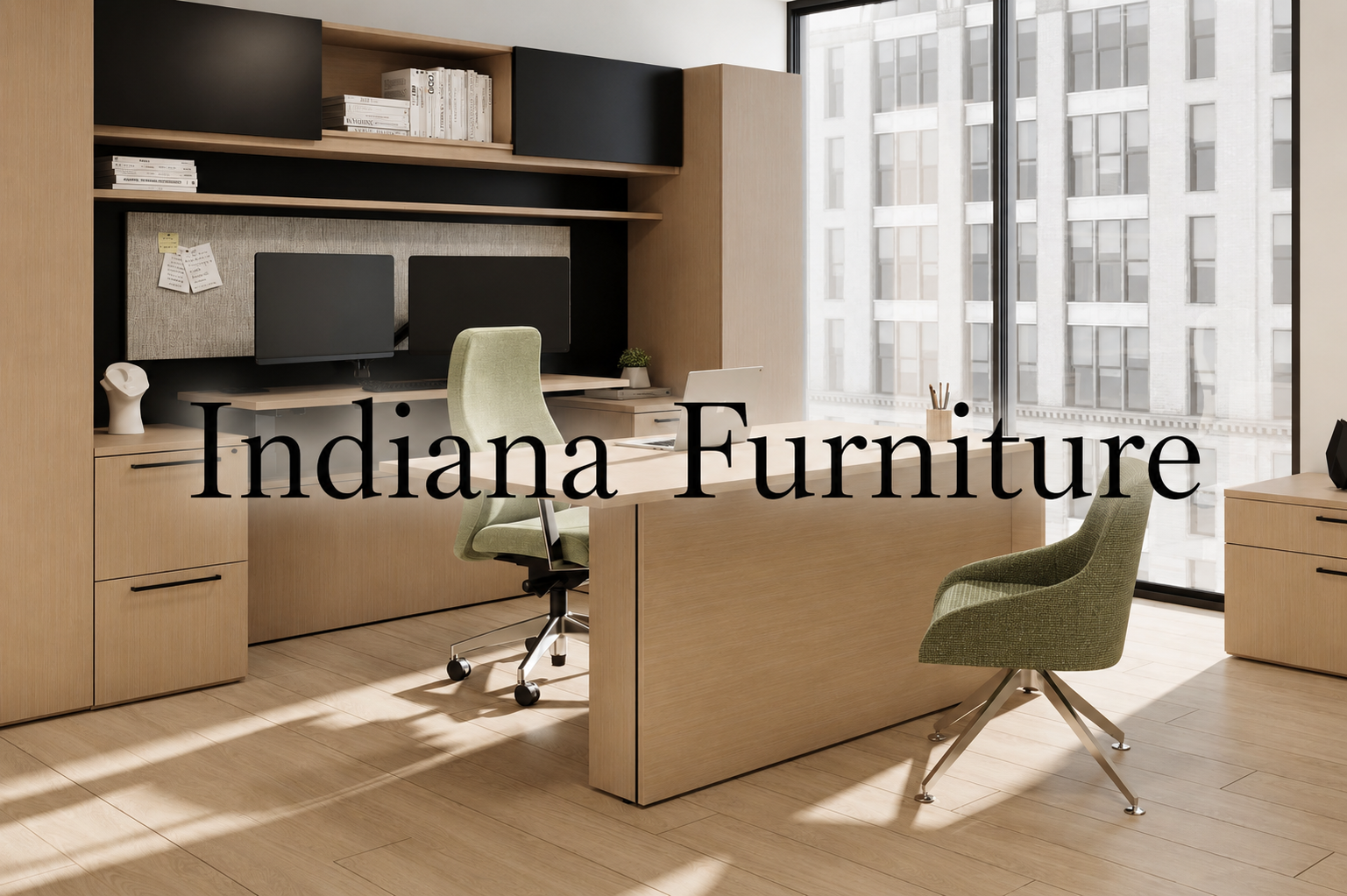 Modern office with wooden furniture, green chairs, computer monitors, and large windows showing city buildings, with text overlay 'Indiana Furniture'.