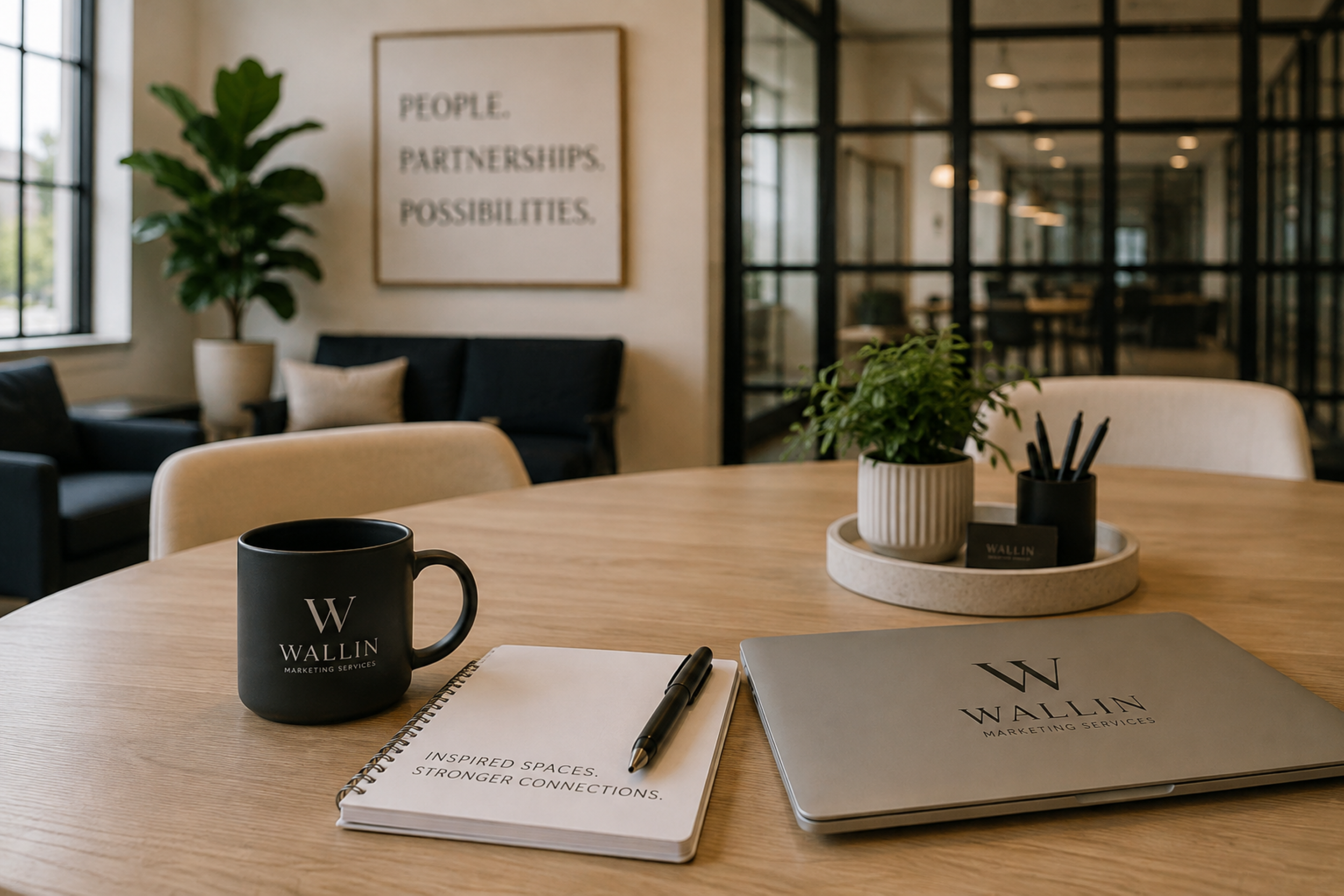 Office meeting room with a wooden table, black and white notebooks, a black coffee mug, a pen, and a potted plant. In the background, there are comfortable chairs, a large potted plant, and framed artwork on the wall that says 'PEOPLE. PARTNERSHIPS. POSSIBILITIES.' The room is modern with glass partitions and ample natural light.