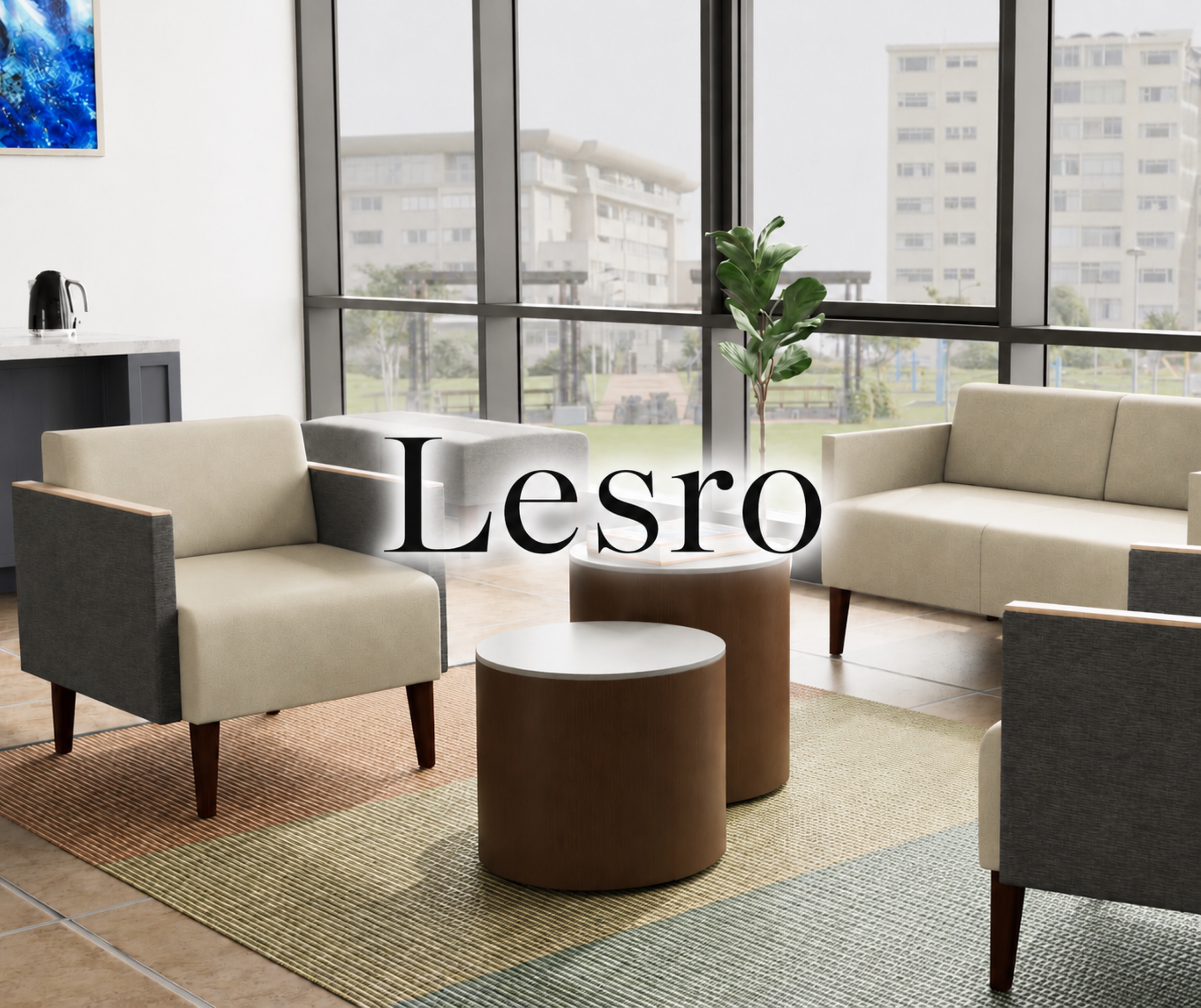 Modern indoor lounge area with beige armchairs, round wooden tables, a potted plant, and large windows showing a cityscape of tall buildings.