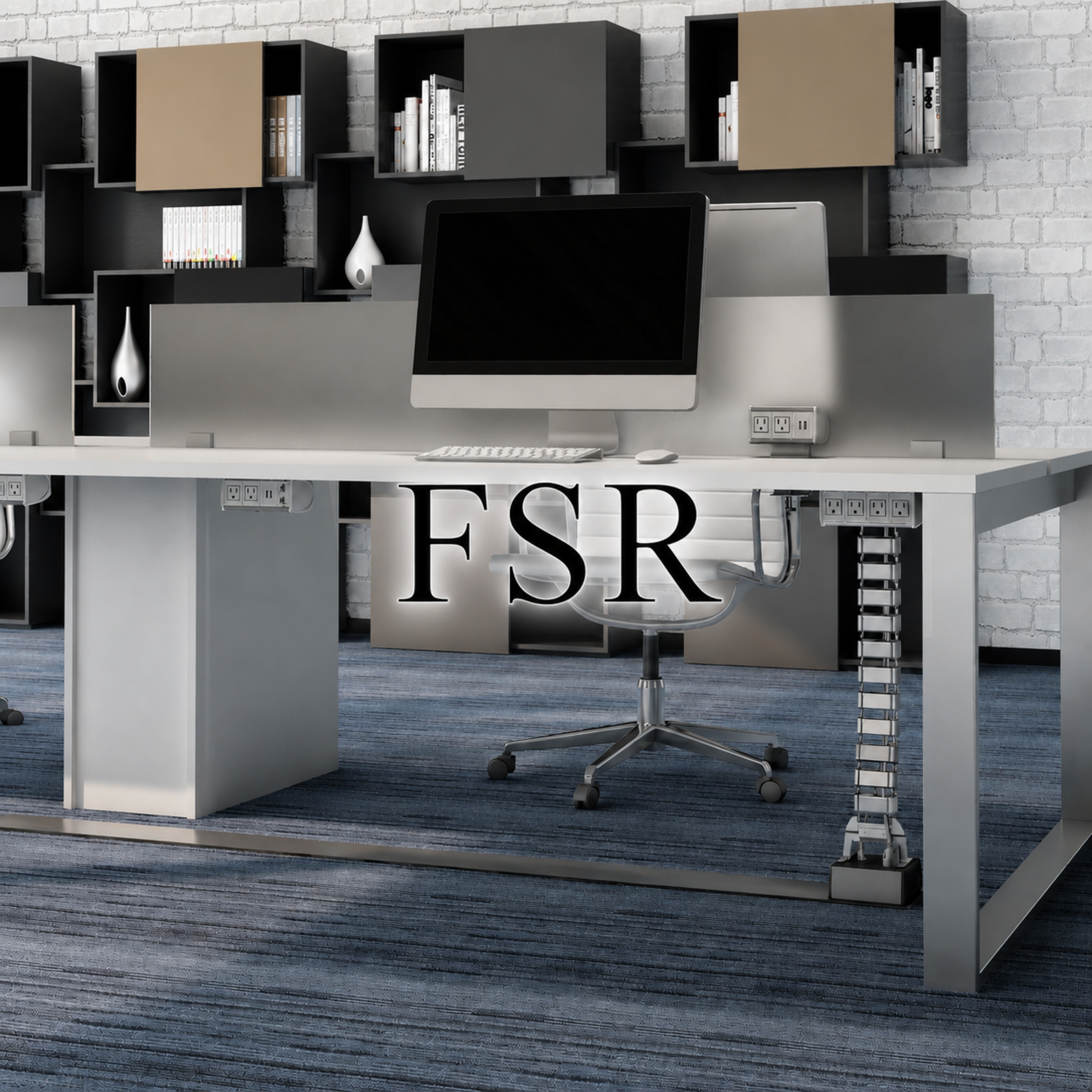 Modern workspace with a white desk and a computer monitor, black and beige wall-mounted shelves with books and decorative vases, white brick wall background, and blue striped carpet.