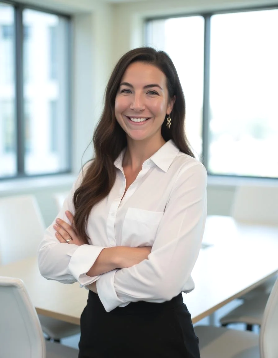 A smiling woman with long brown hair wearing a white blouse and black skirt, standing with arms crossed in a bright office conference room with large windows.