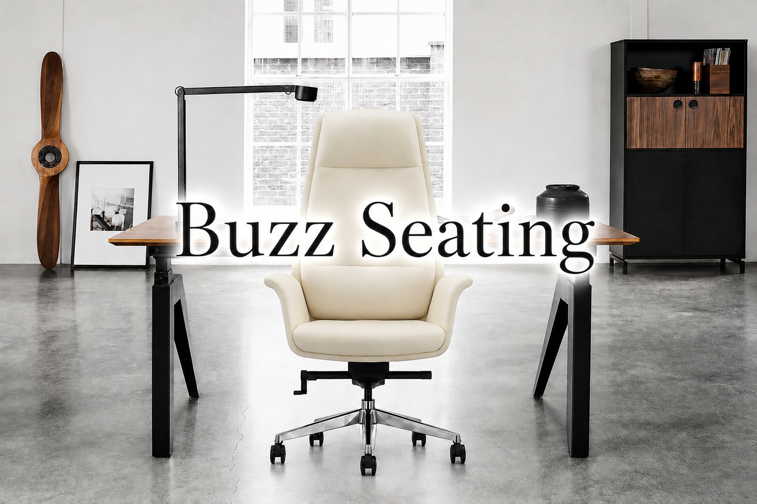 Modern office space with a white office chair at a desk, black desk legs, a tall black storage cabinet, a large window, and decorative items including a framed photo, a wooden propeller, and a black vase. The text 'Buzz Seating' is overlaid in black 