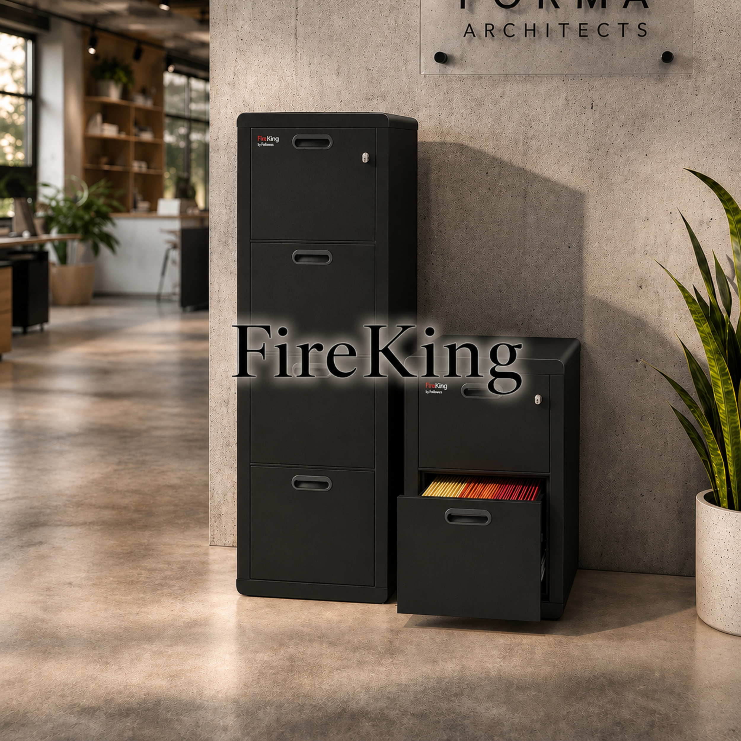 Black fire extinguisher cabinet in an office environment with wooden shelves and plants in the background.