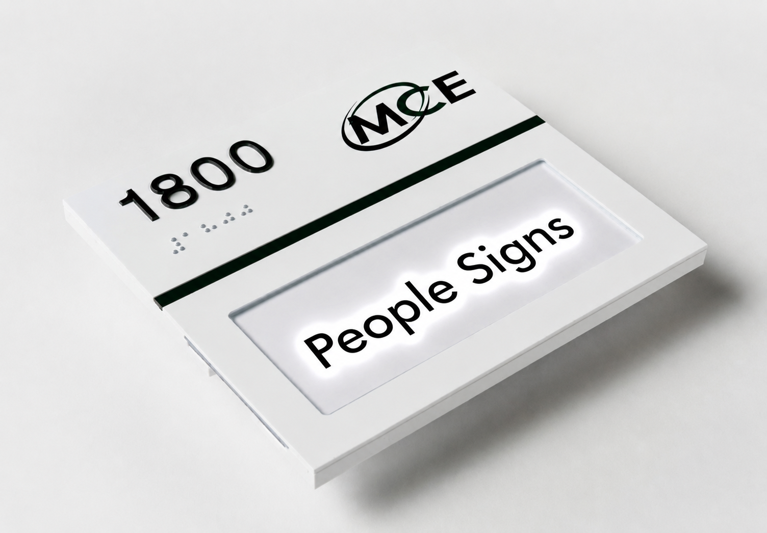 A white sign with black text reading "People Signs," a logo with the letters 'MCE' inside a circle, and the number '1800' on top, with Braille underneath.