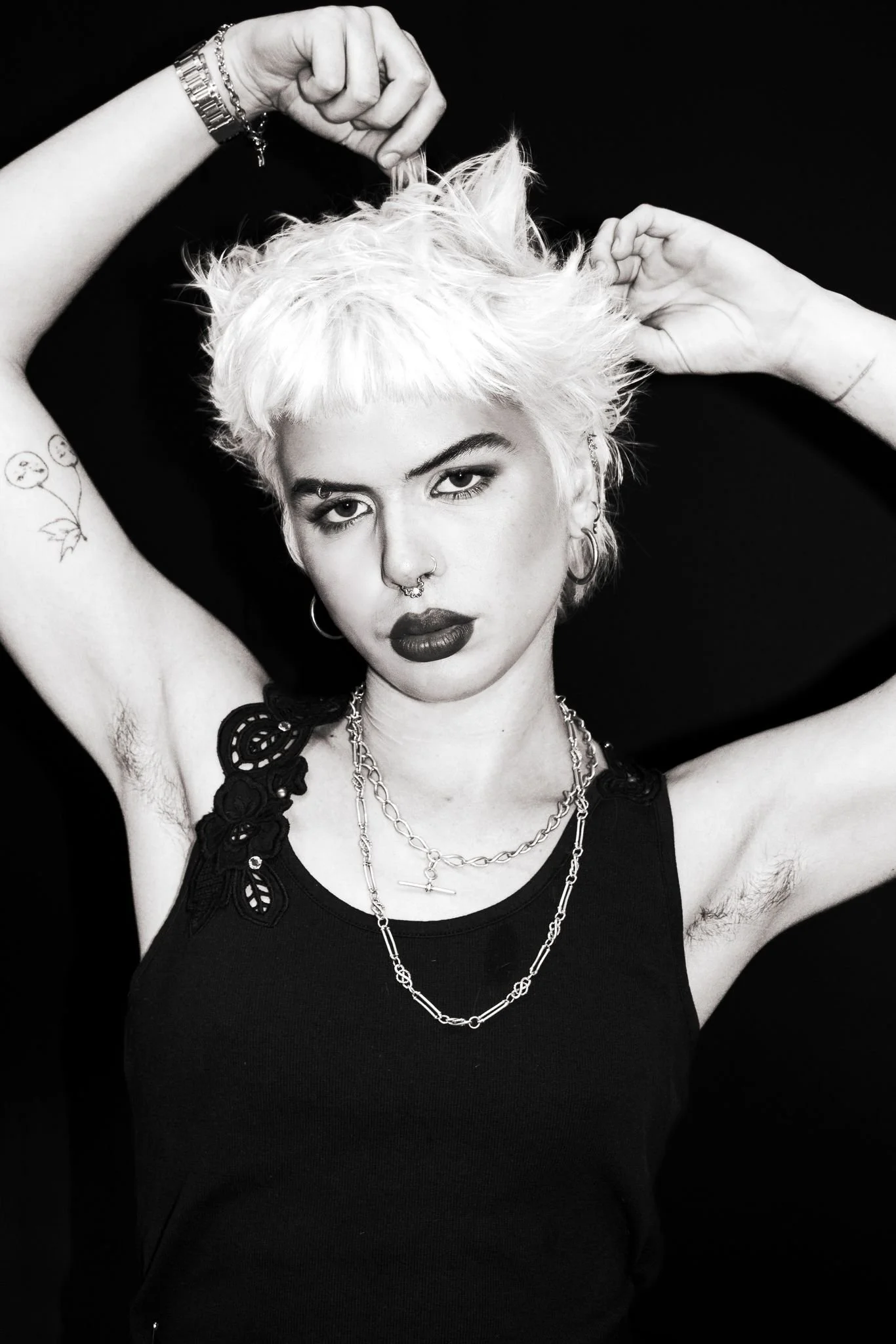 Black and white portrait. Minimalist monochrome beauty highlighting natural texture and individuality. Editorial makeup by Kinga for Tint Hair Salon in Leeds photoshoot