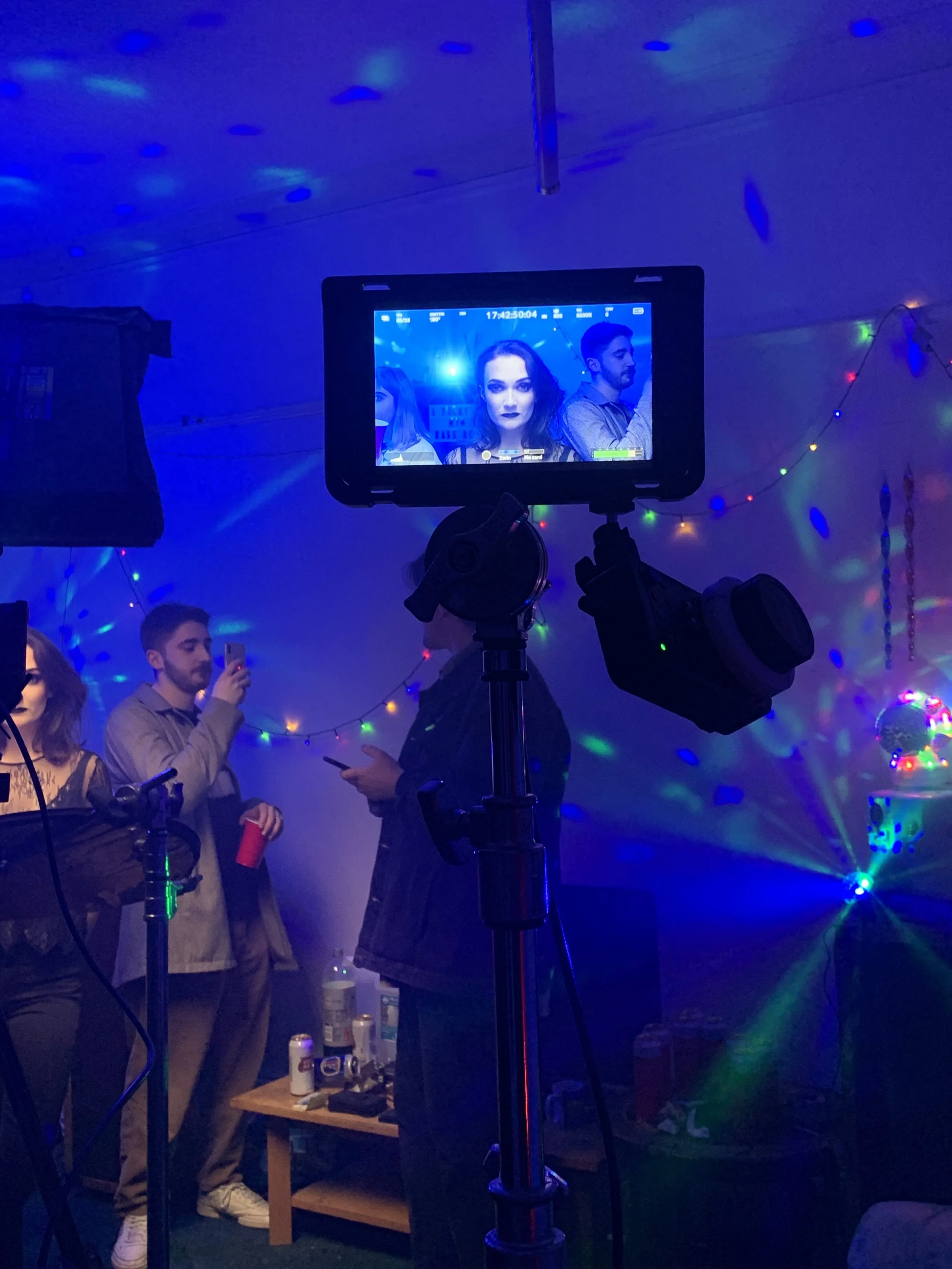 Harry Hanson "Tinnies with the Reaper" Music Video. BTS Film ready makeup by Kinga, captured during production with monitor preview. Clean, refined beauty for screen
