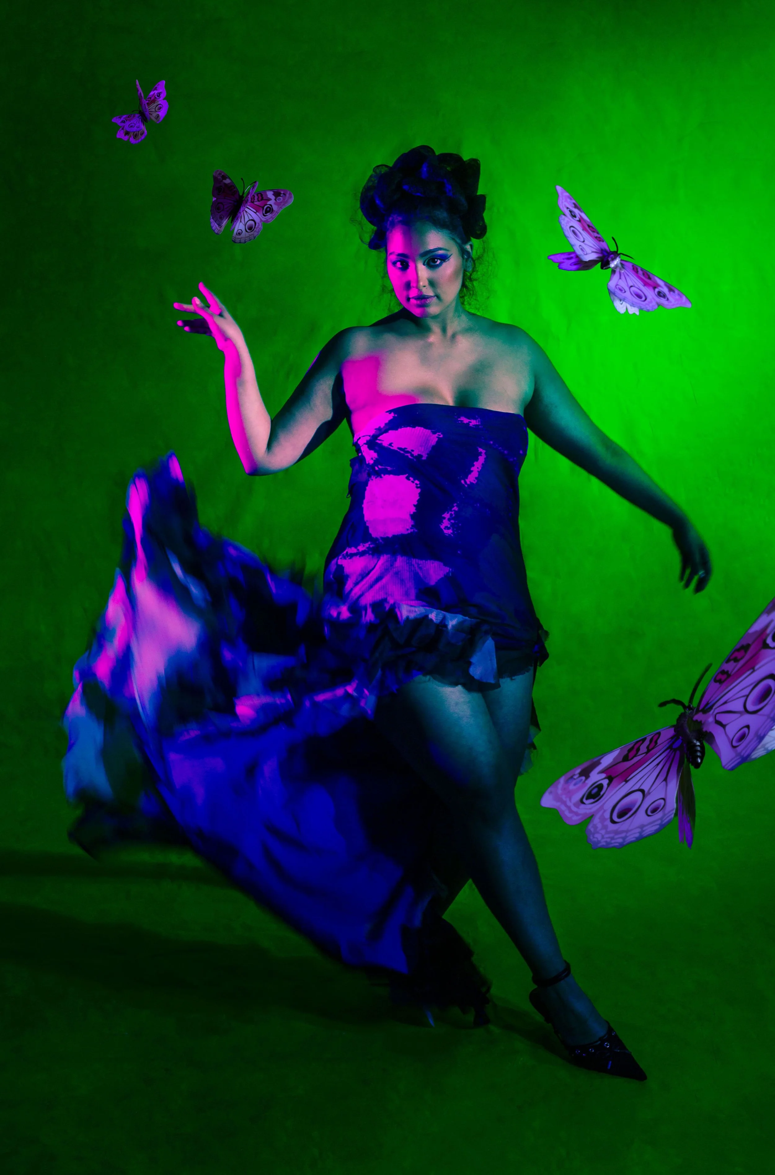 Butterfly‑inspired editorial. Whimsical beauty look featuring soft glow, natural texture, and butterfly inspired eye look. Created by Kinga, celebrating expressive, inclusive artistry