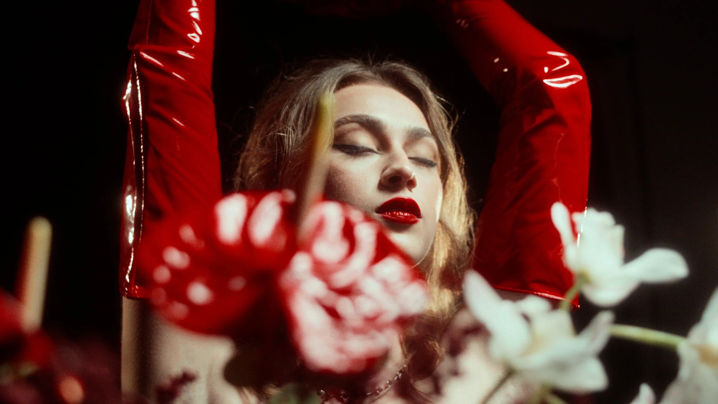 "120" Short Film; Square Cherry Production. Shots from the film. Bold, expressive makeup by Kinga for music video production, featuring sculpted skin and dramatic styling.