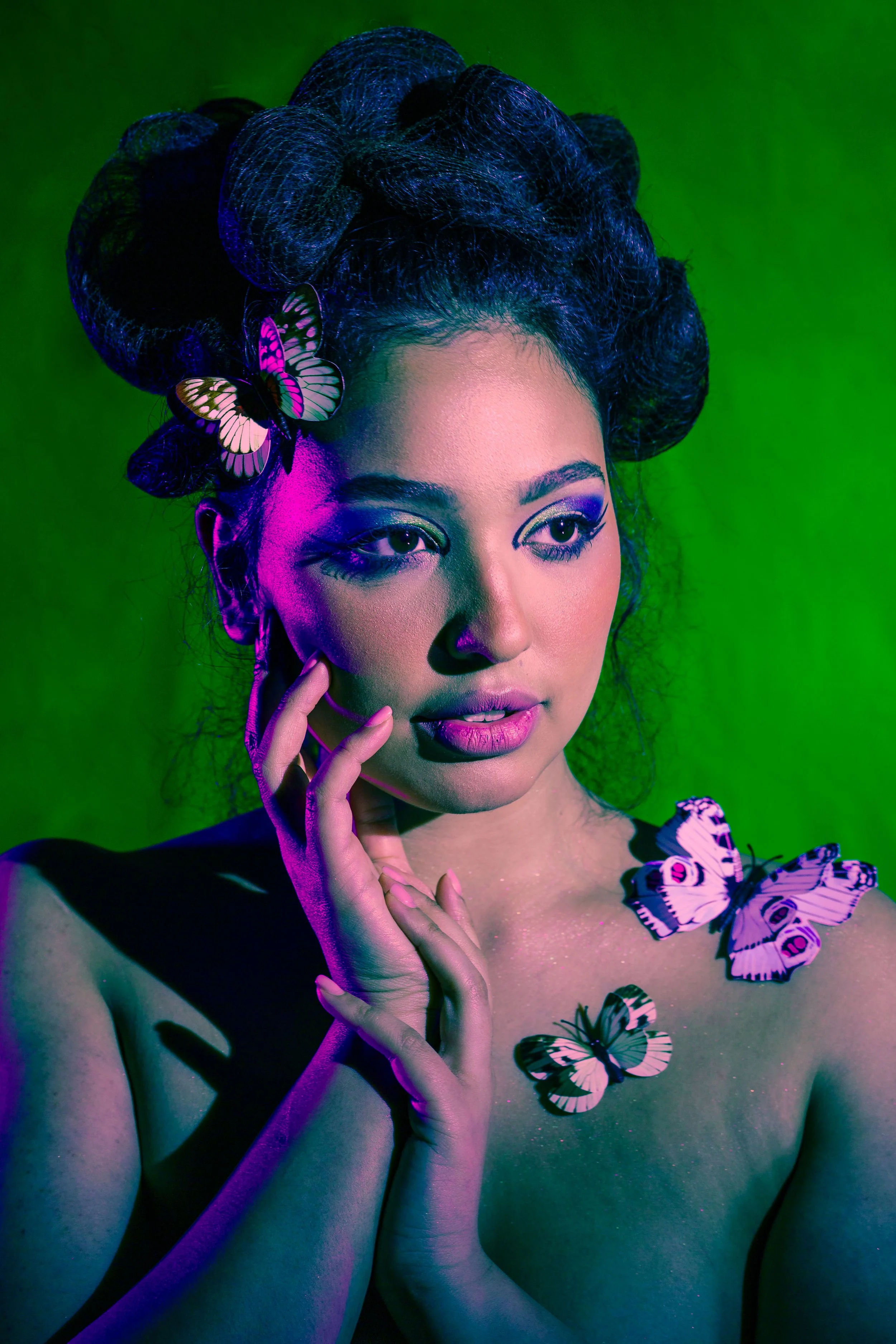 Butterfly‑inspired editorial. Whimsical beauty look featuring soft glow, natural texture, and butterfly inspired eye look. Created by Kinga, celebrating expressive, inclusive artistry