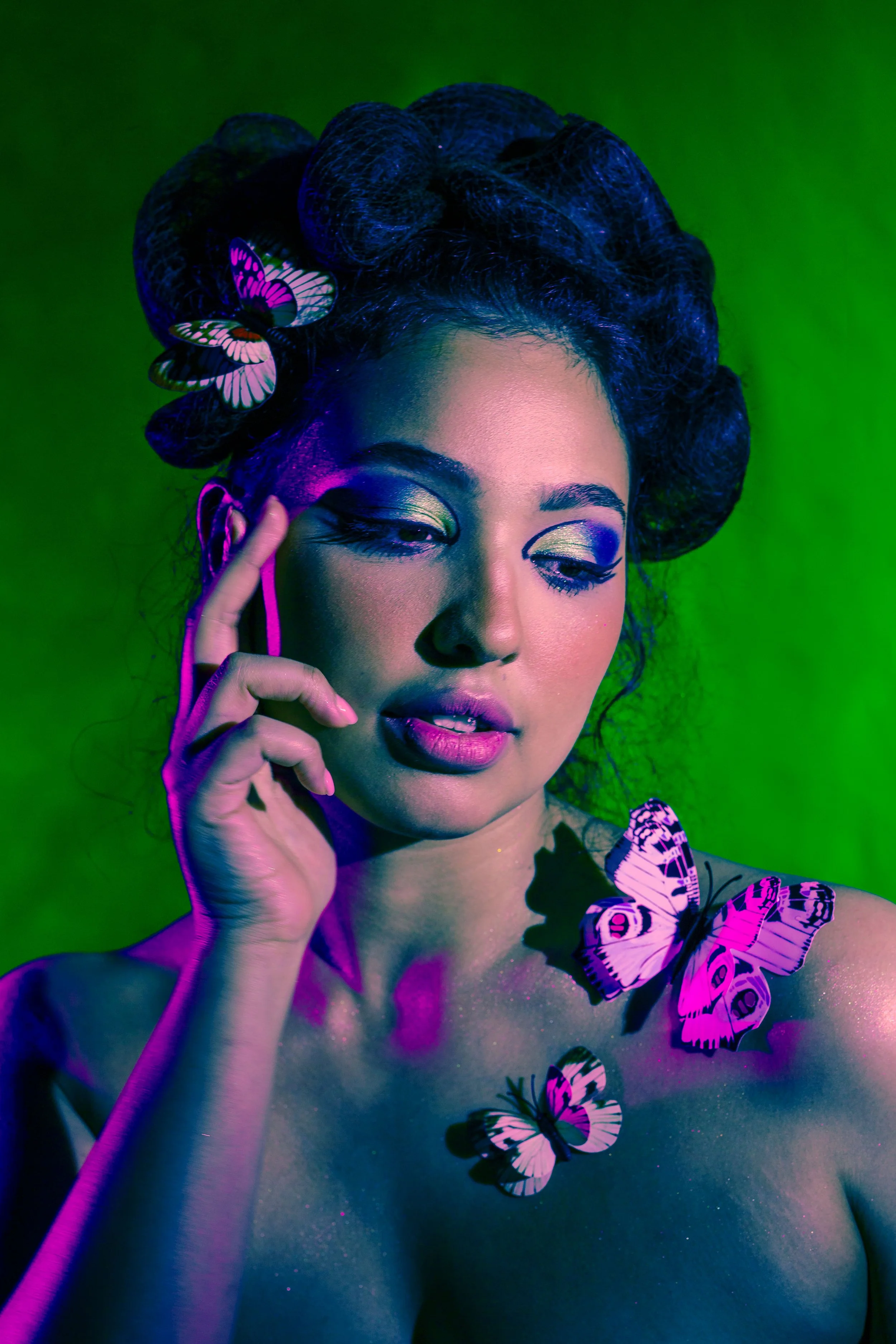 Butterfly‑inspired editorial. Whimsical beauty look featuring soft glow, natural texture, and butterfly inspired eye look. Created by Kinga, celebrating expressive, inclusive artistry