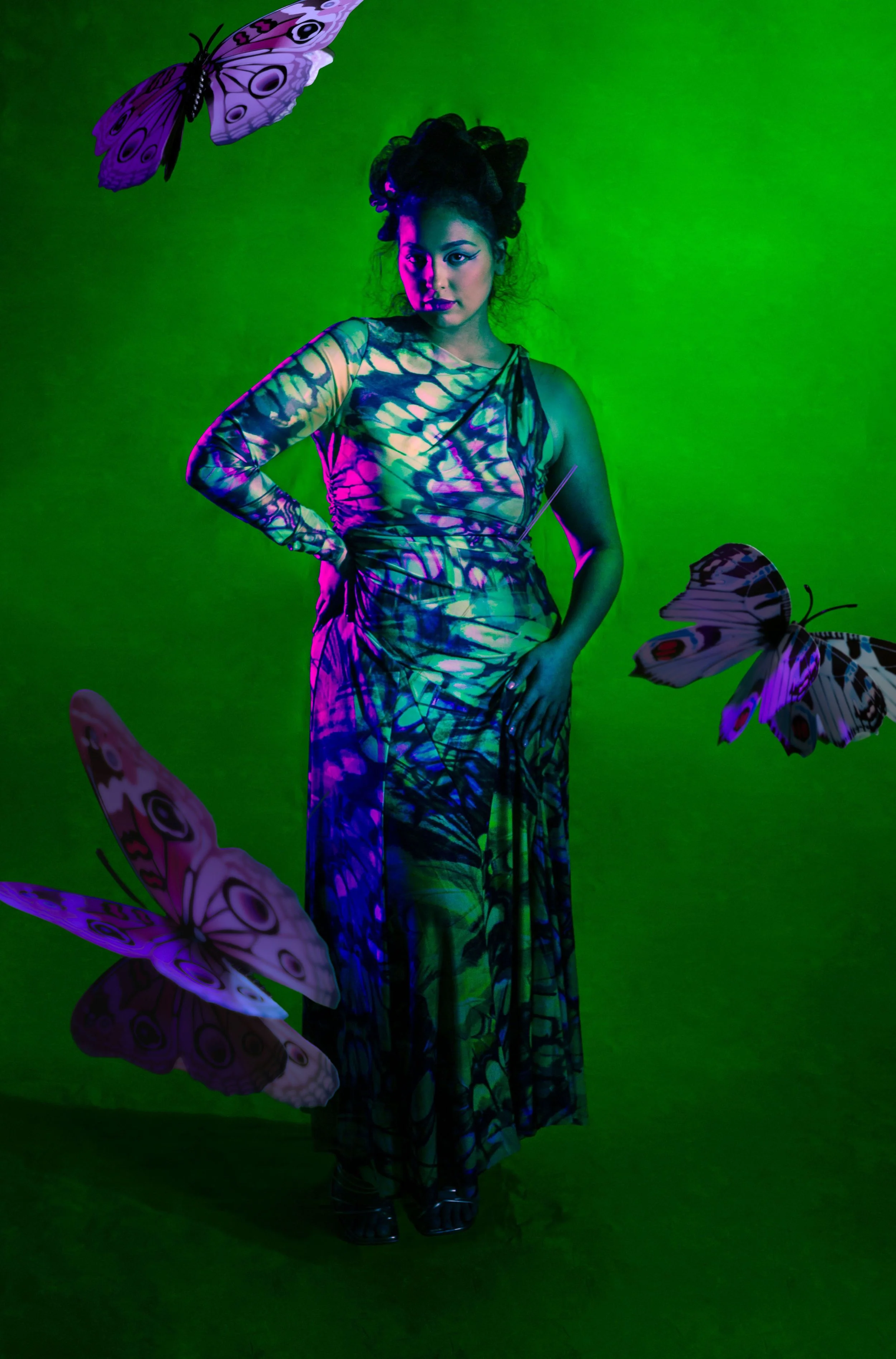 Butterfly‑inspired editorial. Whimsical beauty look featuring soft glow, natural texture, and butterfly inspired eye look. Created by Kinga, celebrating expressive, inclusive artistry