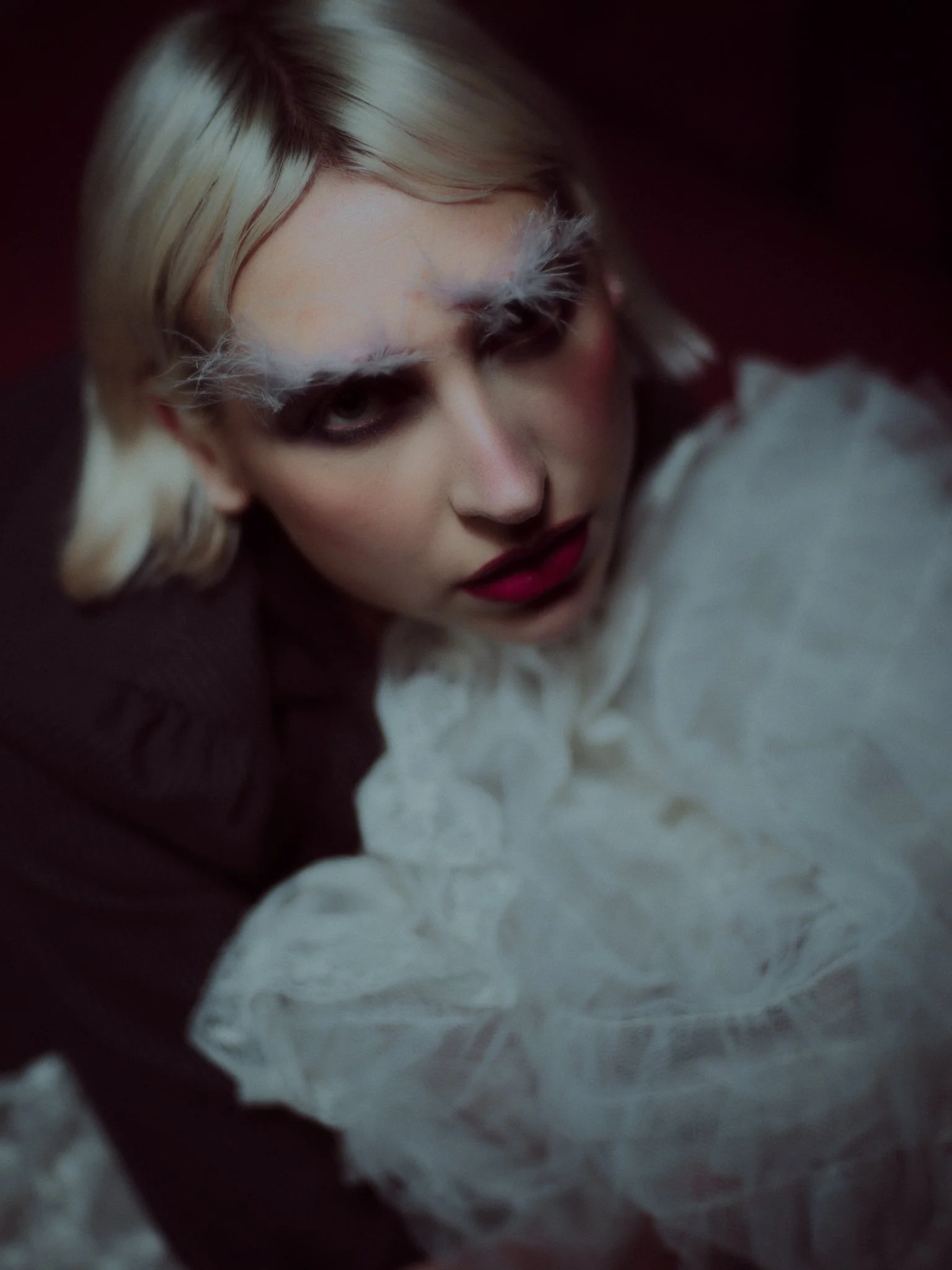 Fresh, expressive makeup with luminous skin and feathery brows, red toned lipstick. Editorial artistry by Kinga for fashion and creative media