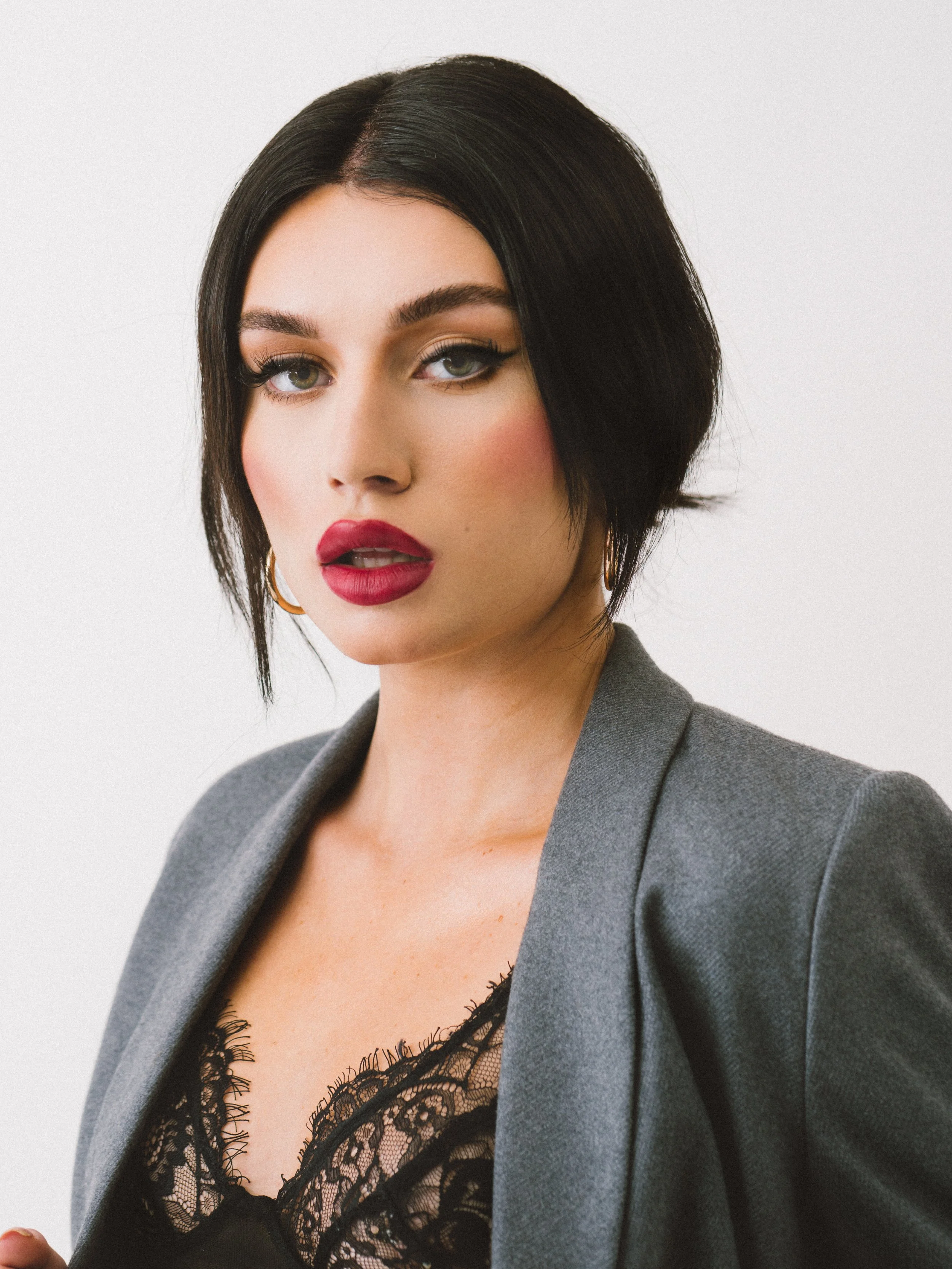 Glam eyeshadow with soft focus skin and defined lips. Beauty by Kinga for commercial and beauty imagery