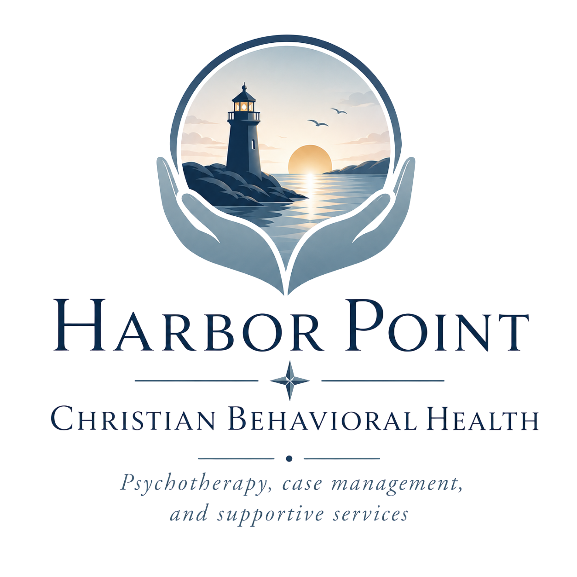 A mountain landscape with a lighthouse, sunset, ocean, birds flying, and rocky shoreline, framed by hands forming a circle.