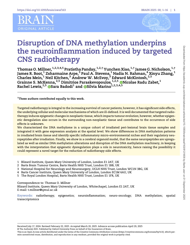 Title page of a scientific journal article titled "Disruption of DNA methylation underpins the neuroinflammation induced by targeted CNS radiotherapy." It includes authors' names, their affiliations, and keywords related to radiotherapy, epigenetics, neuroinflammation, neuro-oncology, DNA methylation, and transcriptomics. The page provides an abstract summary discussing DNA methylation and neuroinflammation effects from targeted radiotherapy treatments.