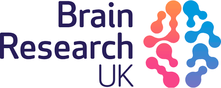 Text reading 'Brain Research UK' next to a colorful abstract brain illustration with connected nodes in pink, orange, blue, and purple.