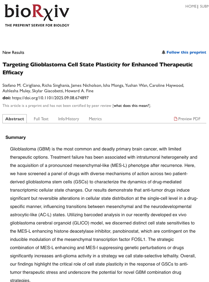 Screenshot of a scientific journal article titled 'Targeting Glioblastoma Cell State Plasticity for Enhanced Therapeutic Efficacy' from bioRxiv.
