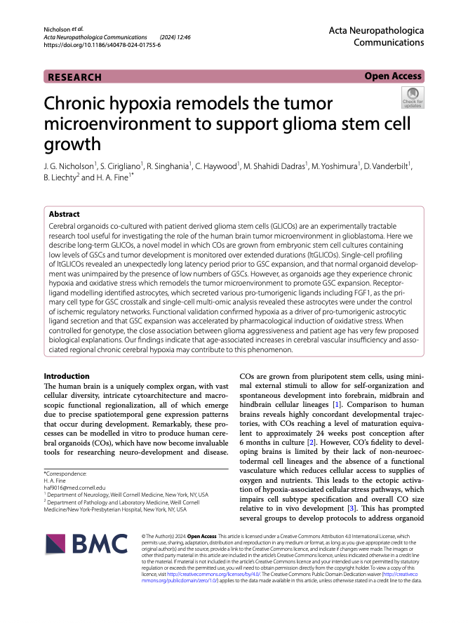 Title and abstract of a scientific article from Acta Neuropathologica Communications discussing how chronic hypoxia remodels the tumor microenvironment to support glioma stem cell growth, including research on glioma stem cells, tumor development, and related experimental findings.