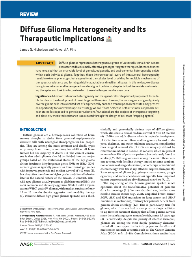 Title page of a scientific research review article titled 'Diffuse Glioma Heterogeneity and Its Therapeutic Implications', authored by James G. Nicholson and Howard A. Fine, published in March 2021 in Cancer Discovery, showing the abstract, introduction, and author details.