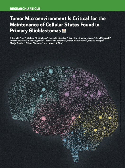 Scientific journal cover titled 'Tumor Microenvironment Is Critical for the Maintenance of Cellular States Found in Primary Glioblastomas' with a colorful, dot-patterned brain illustration graphic.