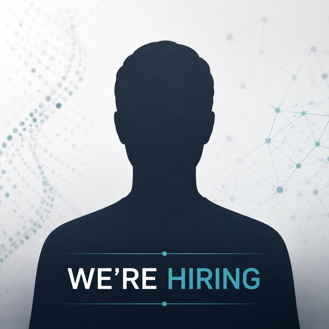 Silhouette of a person with a digital network background and the text 'We're Hiring' at the bottom.