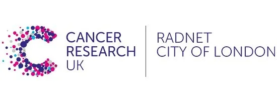 Cancer Research UK logo with a colorful dot pattern forming a 'C' on the left, and text indicating partnership with Radnet City of London.